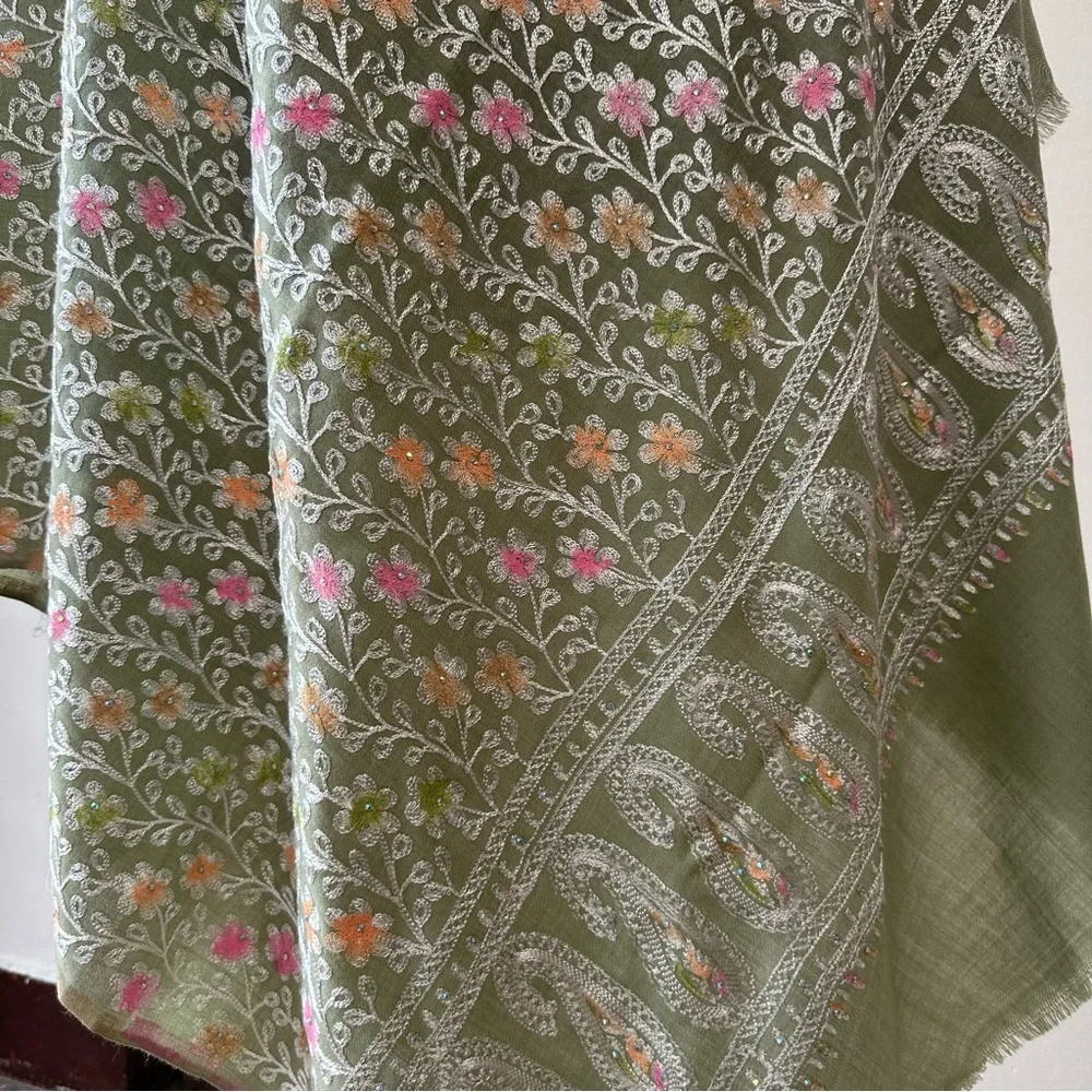 Olive Green Floral Embroidered Pashmina Shawl / Wrap / Scarf | Soft Winter Stole
